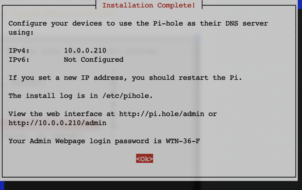 Configurare Pi-hole: installazione terminata