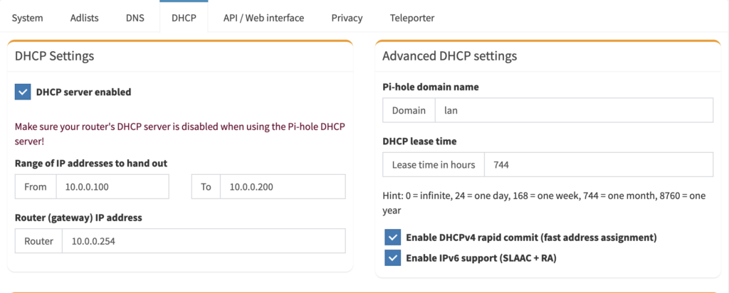 Configurare Pi-hole: configurazione DHCP