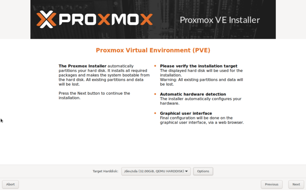 Come installare Proxmox: scelta disco installazione