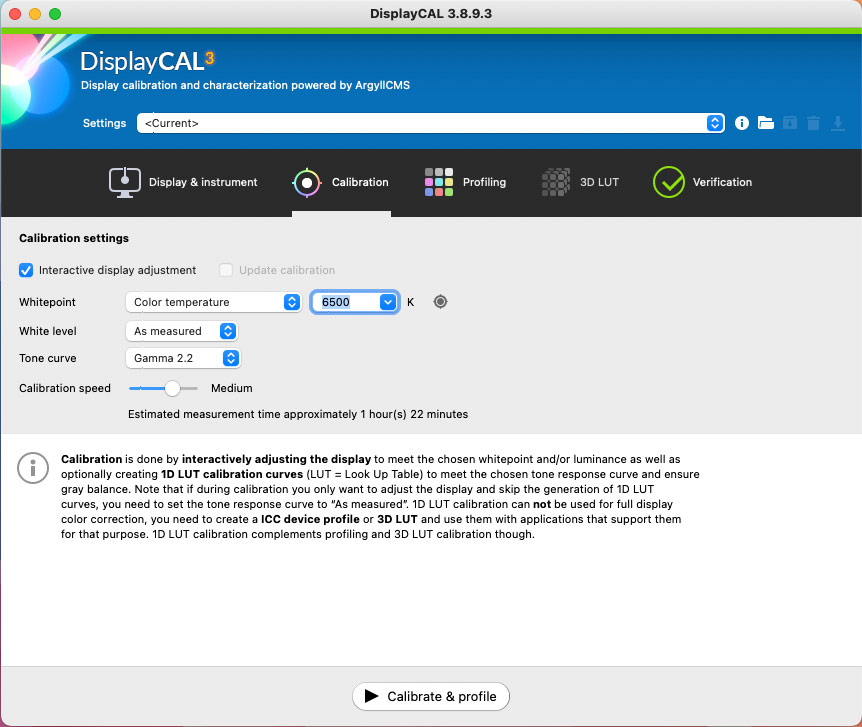 Schermata di calibrazione di DisplayCAL con diverse opzioni