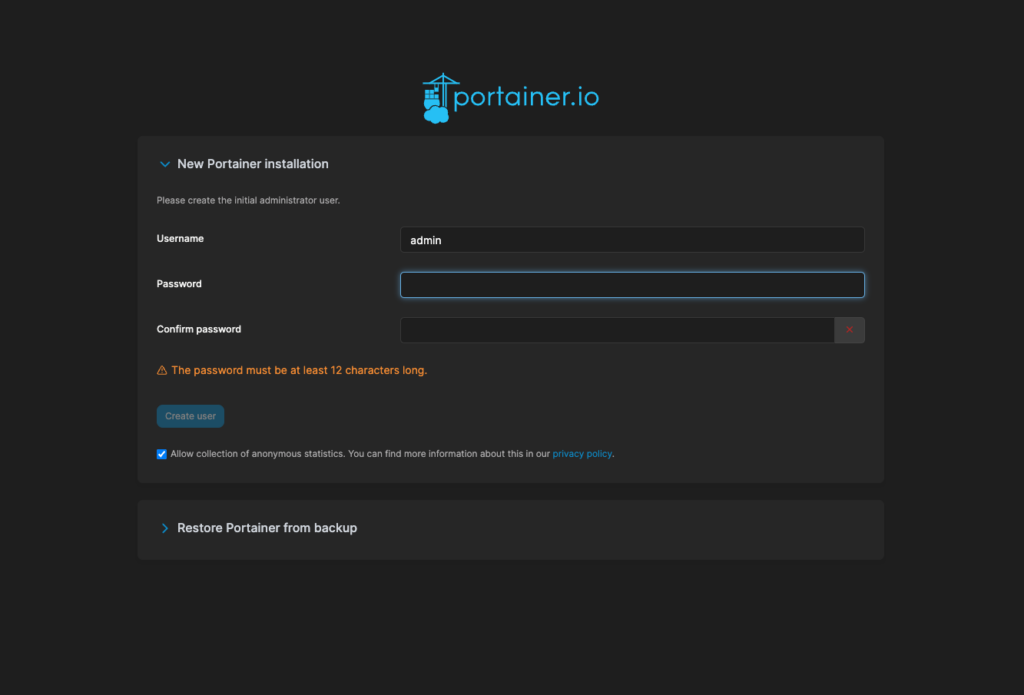 Pagina login di Portainer su Ubuntu 22.04
